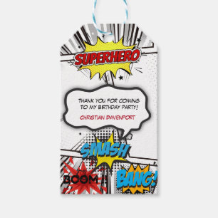 Black & White Comic Book Superhero Birthday Party Gift Tags