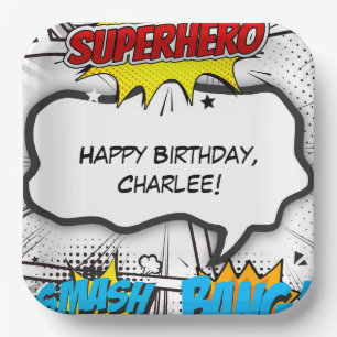 Black & White Comic Book Superhero Birthday Party Paper Plate