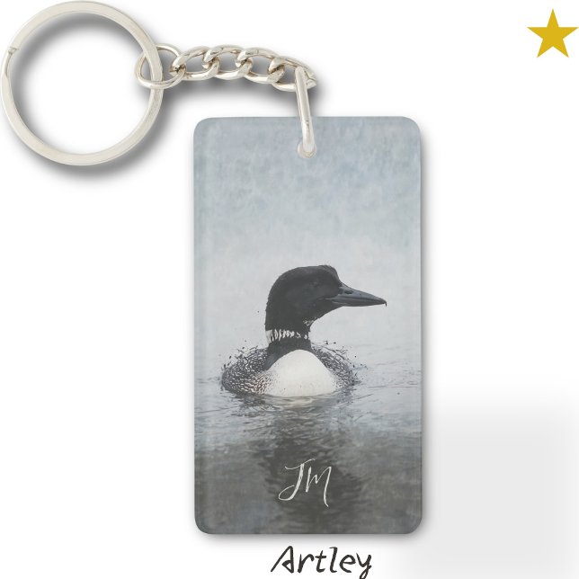 Black White Common Loon Bird Painting Custom Name Key Ring (Creator Uploaded)
