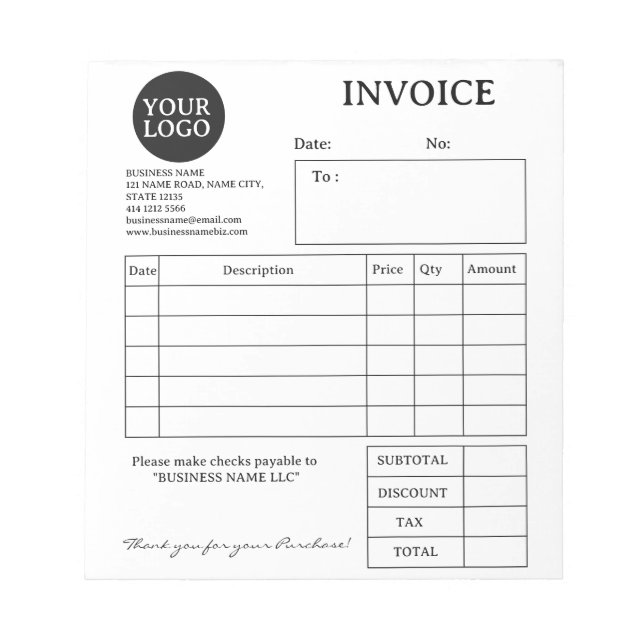 Black & White Company Business Invoice Notepad (Front)