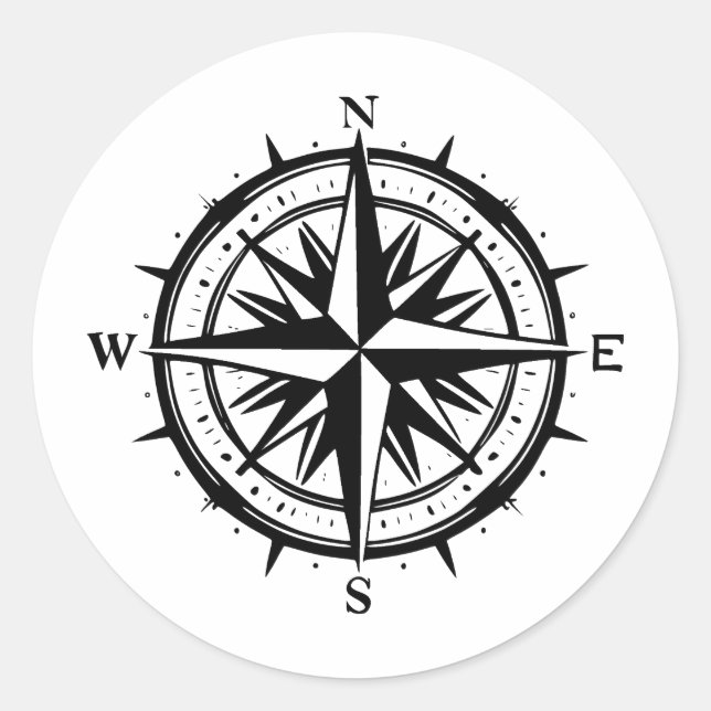 Black & White Compass Rose Artwork Classic Round Sticker (Front)
