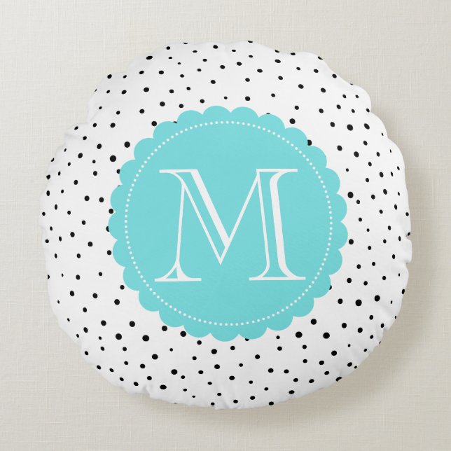 Black & White Confetti Dots Blue Monogram Round Round Cushion (Front)