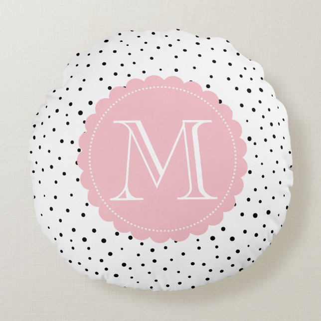 Black & White Confetti Dots Blush Monogram Round Cushion (Front)