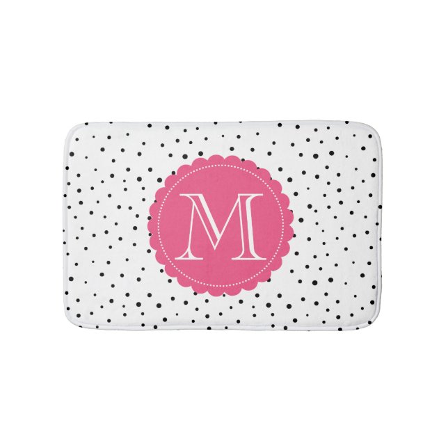 Black & White Confetti Dots Hot Pink Monogram Bath Mat (Front)