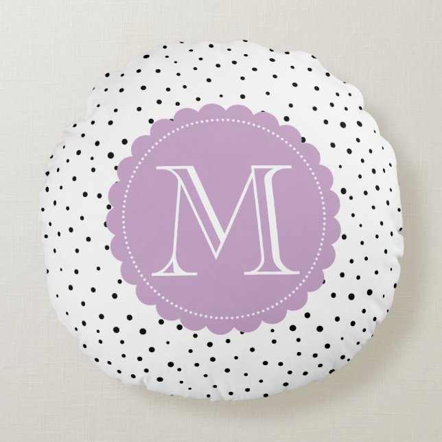 Black & White Confetti Dots Lilac Monogram Round Round Cushion (Front)