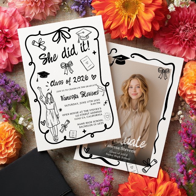 Black White Coquette Doodles photo graduation Invitation (Black White Coquette Doodles photo graduation Invitation)