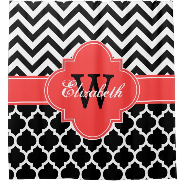 Black White Coral Red Moroccan #5 Chevron 1IQRN Shower Curtain (Front)