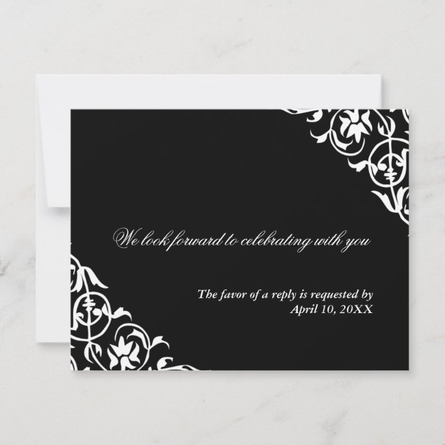 Black white corner scroll enclosure wedding RSVP Card (Front)