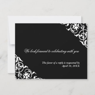 Black white corner scroll enclosure wedding RSVP Card