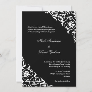 Black white corner scroll script elegant wedding invitation