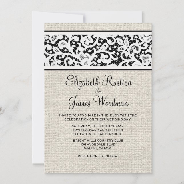 Black White Country Linen Wedding Invitations (Front)