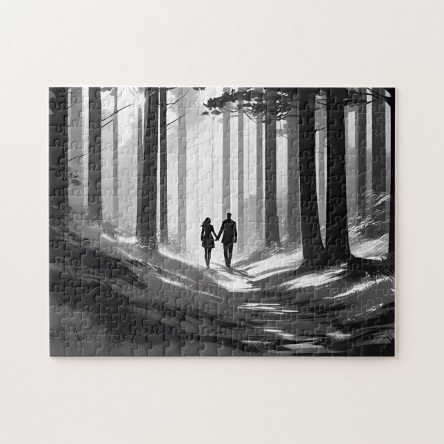 Black & White Couple Silhouette in Forest Jigsaw Puzzle (Horizontal)