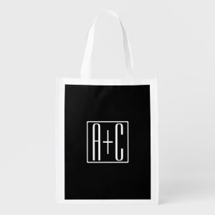 Black & White   Couples Initials Reusable Grocery Bag