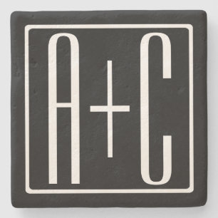 Black & White   Couples Initials Stone Coaster