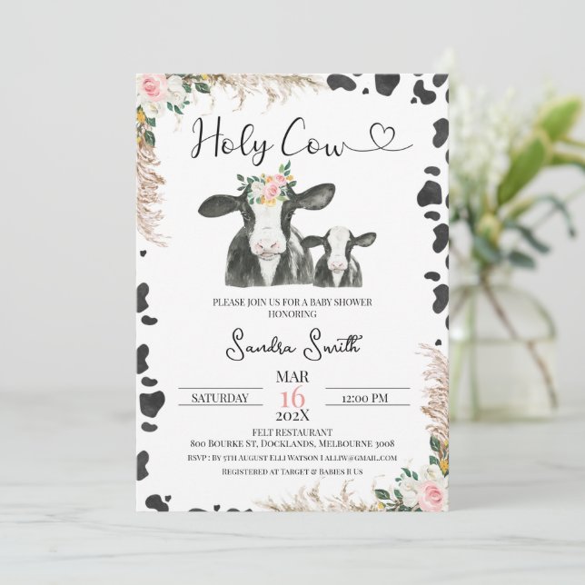 Black White Cow Calf Floral Cow Print Baby Shower Invitation (Standing Front)