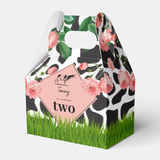 Black & White Cow Farm Animal Birthday Party Pink Favour Box (Front Side)