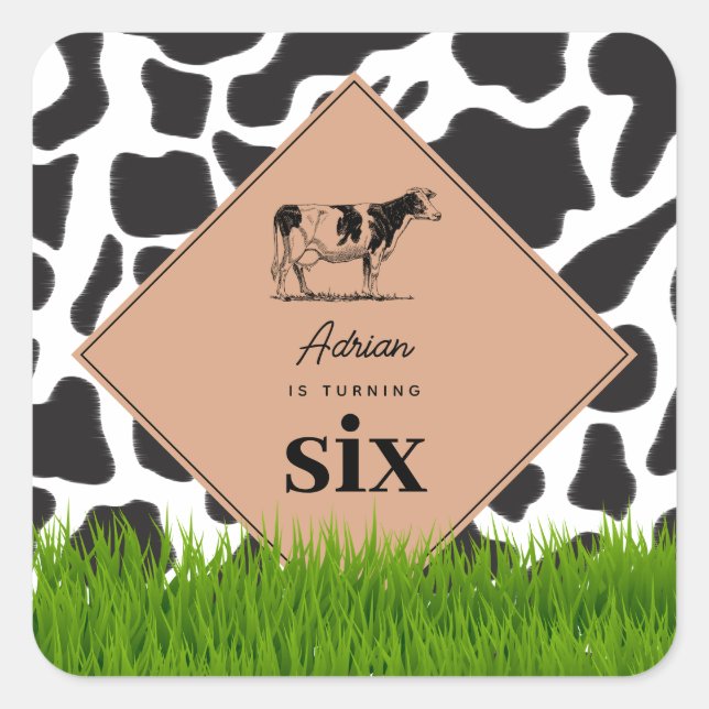 Black & White Cow Farm Animal Birthday Party Theme Square Sticker (Front)