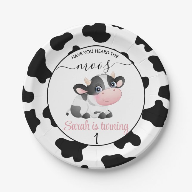 Black White Cow Have you heard the Moos Birthday  Paper Plate (Front)