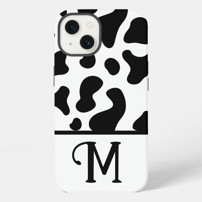 Black & White Cow Print, Colour Block Initial iPhone Case (Back)
