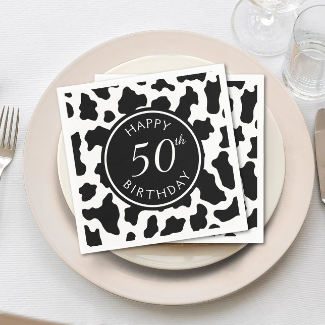 Black & White Cow Print Cowboy 50th Birthday Napkin (50th birthday cow print napkins)