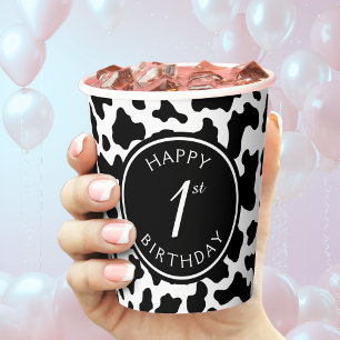 Black & White Cow Print Cowboy First 1st Birthday Paper Cups