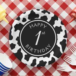 Black & White Cow Print Cowboy First 1st Birthday Paper Plate