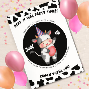Black & White Cow Print First 1st Birthday Party Invitation
