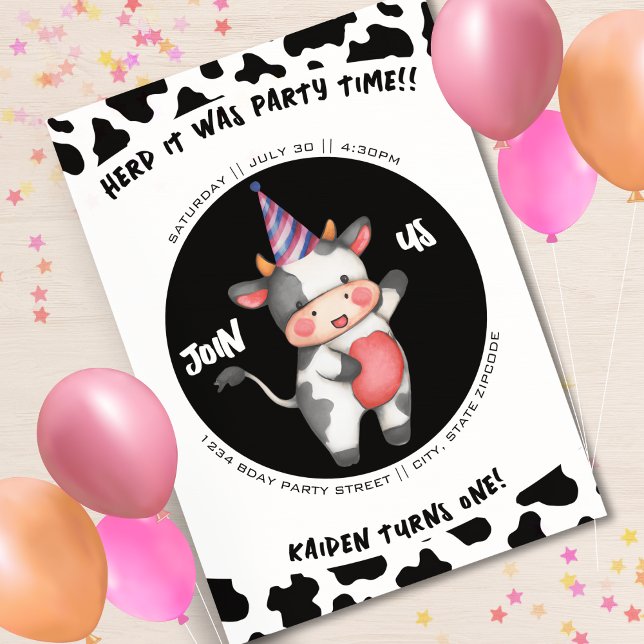 Black & White Cow Print First 1st Birthday Party Invitation (watercolor cow print kids first birthday party invitation)