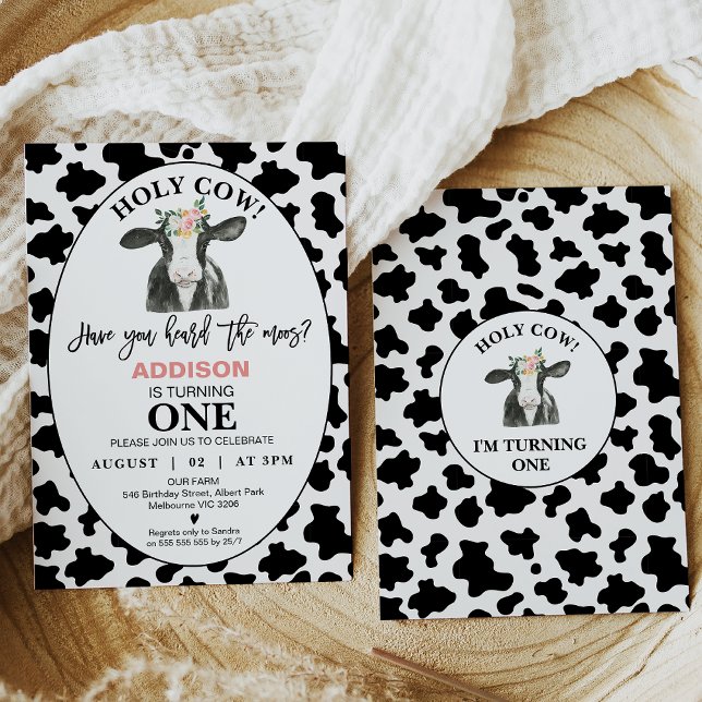 Black White Cow Print Holy Cow 1st Birthday Invitation (Cow themed 1st birthday invitation featuring a cute cow, flowers and black and white cow print.)
