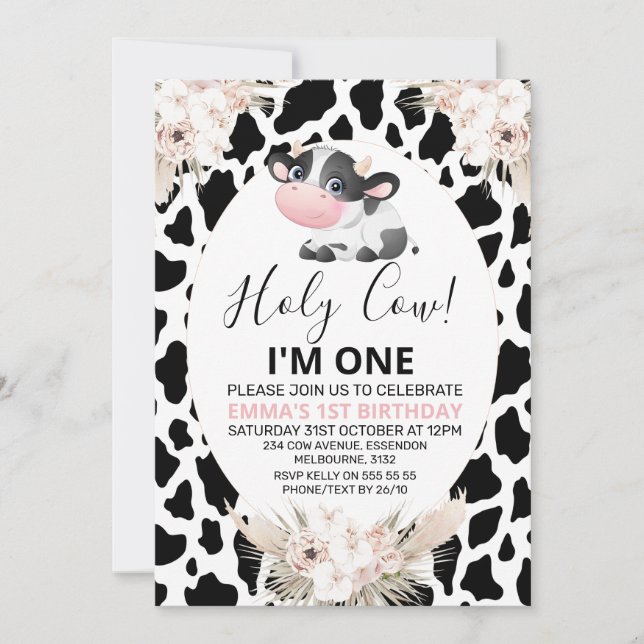 Black White Cow Print Holy Cow Birthday Invitation (Front)