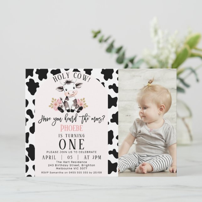 Black White Cow Print Photo Holy Cow 1st Birthday Invitation (Standing Front)