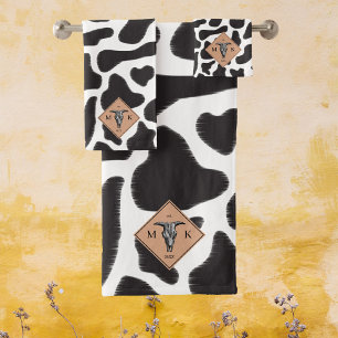 Black & White Cow Spot Animal Pattern Monogram Bath Towel Set