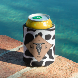 Black & White Cow Spot Animal Pattern Monogram Can Cooler
