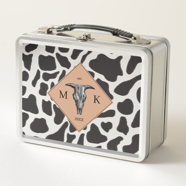 Black & White Cow Spot Animal Pattern Monogram Metal Lunch Box (Front)