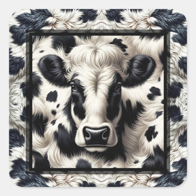 Black & White Cow Spots Furry Cowhide Square Sticker (Front)