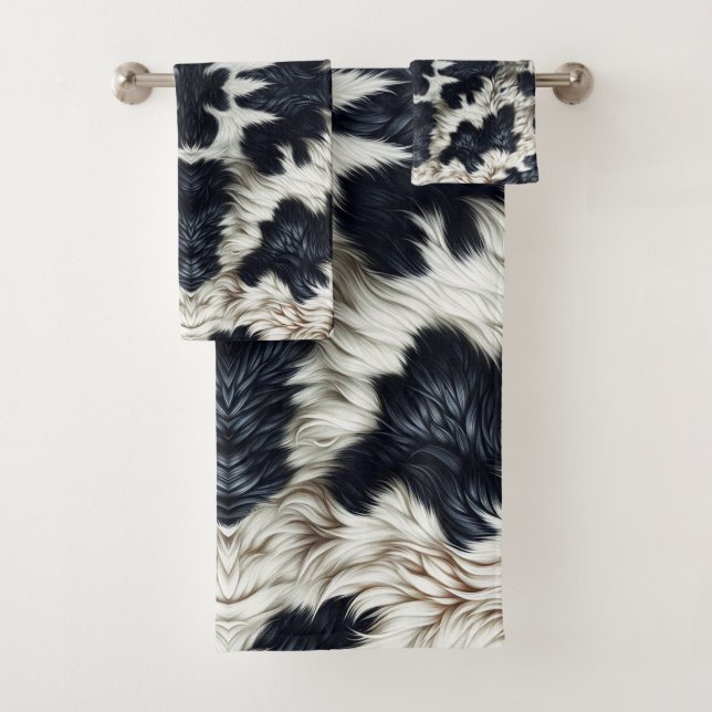 Black & White Cow Spots Furry Look Bath Towel Set (Insitu)