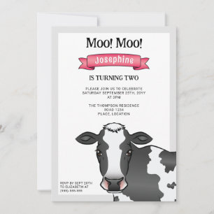 Black & White Cow With Pink Barnyard Farm Birthday Invitation