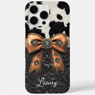 Black White Cowhide Leather Jewelled Bow iPhone 16 Pro Max Case