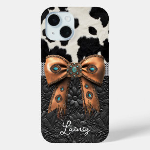 Black White Cowhide Leather Jewelled Bow iPhone 15 Case