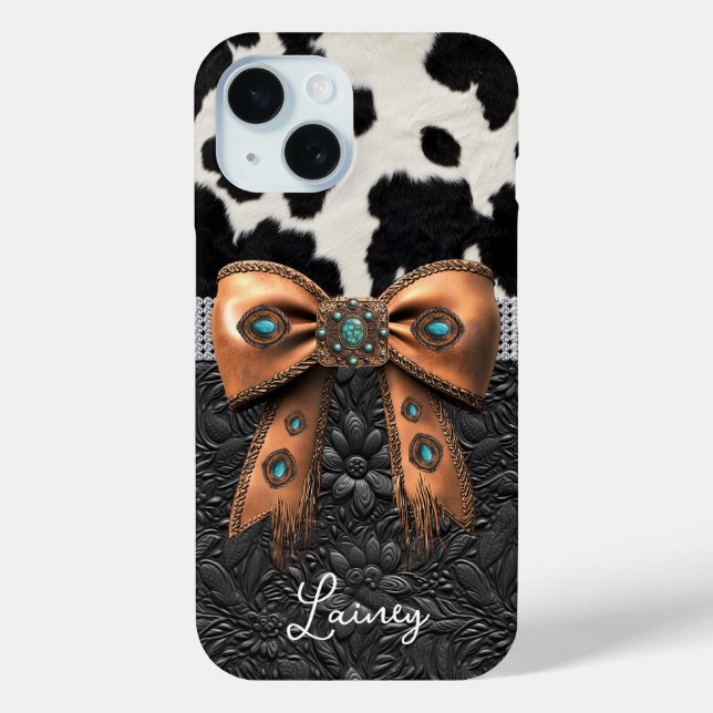 Black White Cowhide Leather Jewelled Bow Case-Mate iPhone Case (Back)