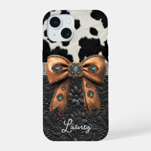 Black White Cowhide Leather Jewelled Bow iPhone 15 Case