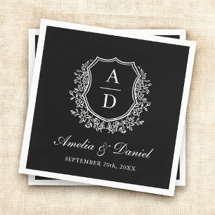 Black White Crest Elegant Monogram Wedding  Napkin