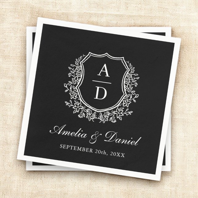 Black White Crest Elegant Monogram Wedding  Napkin (Creator Uploaded)