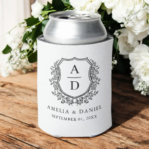 Black White Crest Modern Monogram Wedding Can Cooler
