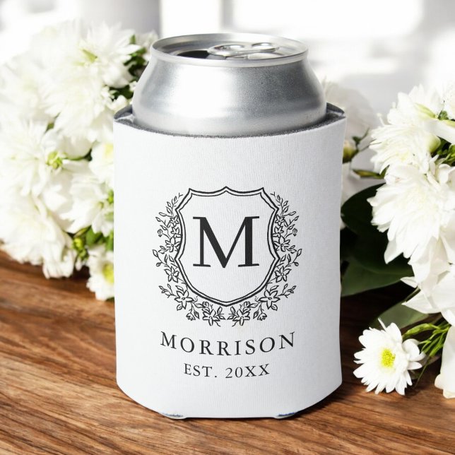 Black White Crest Modern Monogram Wedding  Can Cooler (Creator Uploaded)
