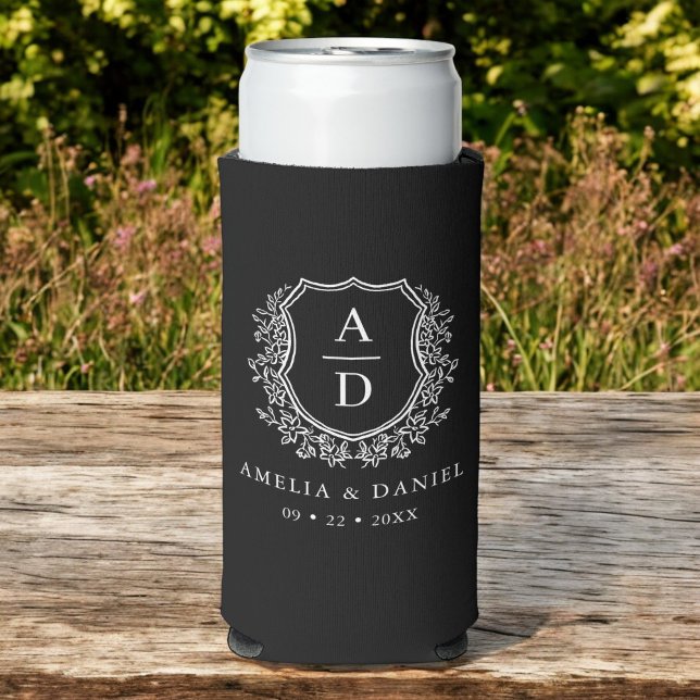 Black White Crest Modern Monogram Wedding  Seltzer Can Cooler (Creator Uploaded)