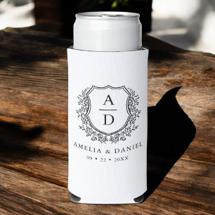 Black White Crest Modern Monogram Wedding  Seltzer Can Cooler