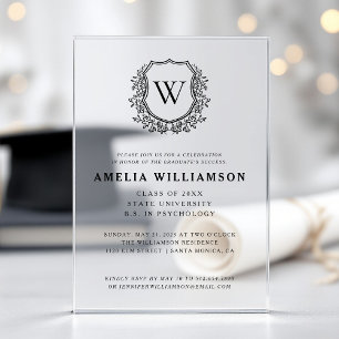 Black White Crest Monogram Graduation Party Acrylic Invitations