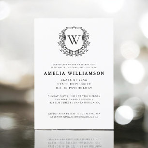 Black White Crest Monogram Graduation Party Invitation