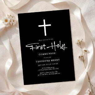 Black & White Cross Boys First Communion Invitation